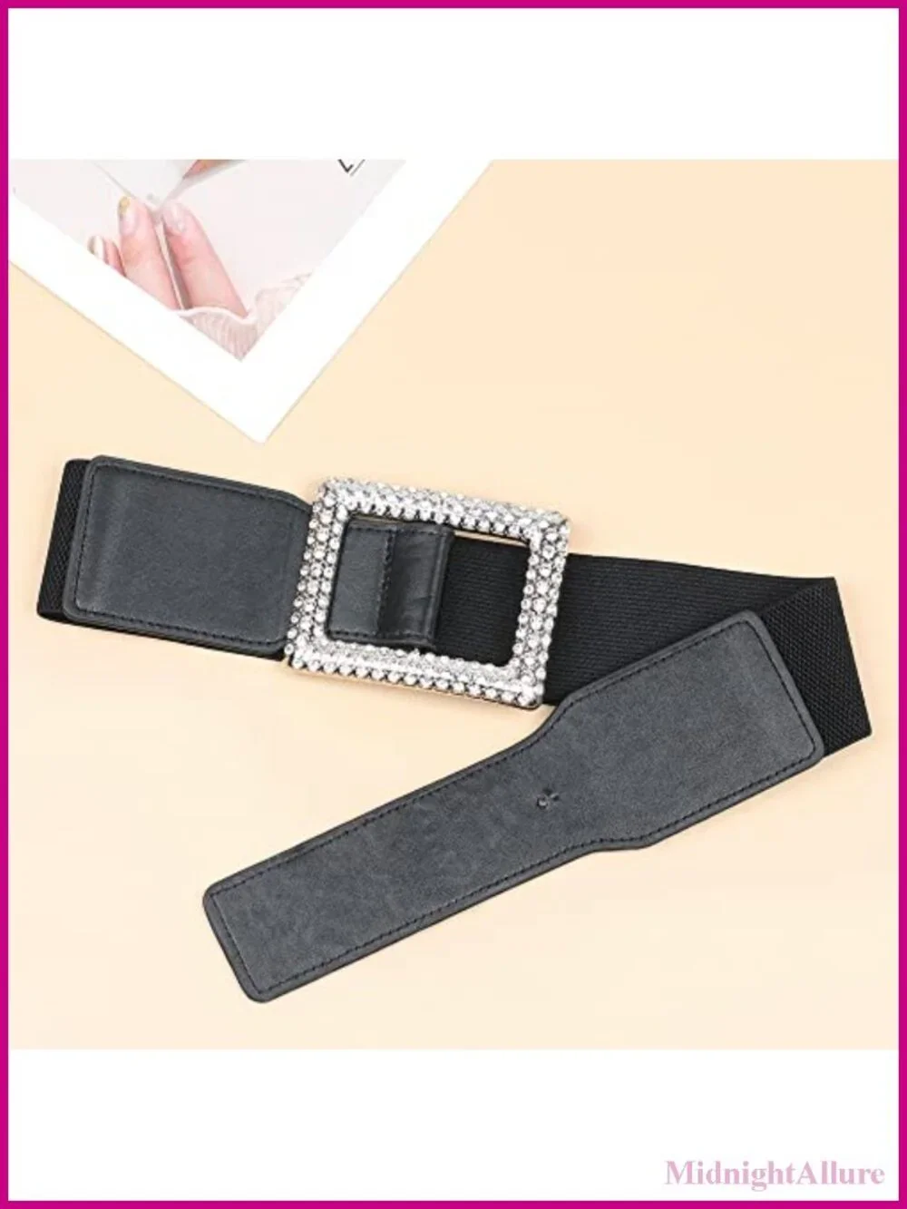 Wide Elastic Waist Belt Stretchy Cinch Belt with Rhinestone Buckle